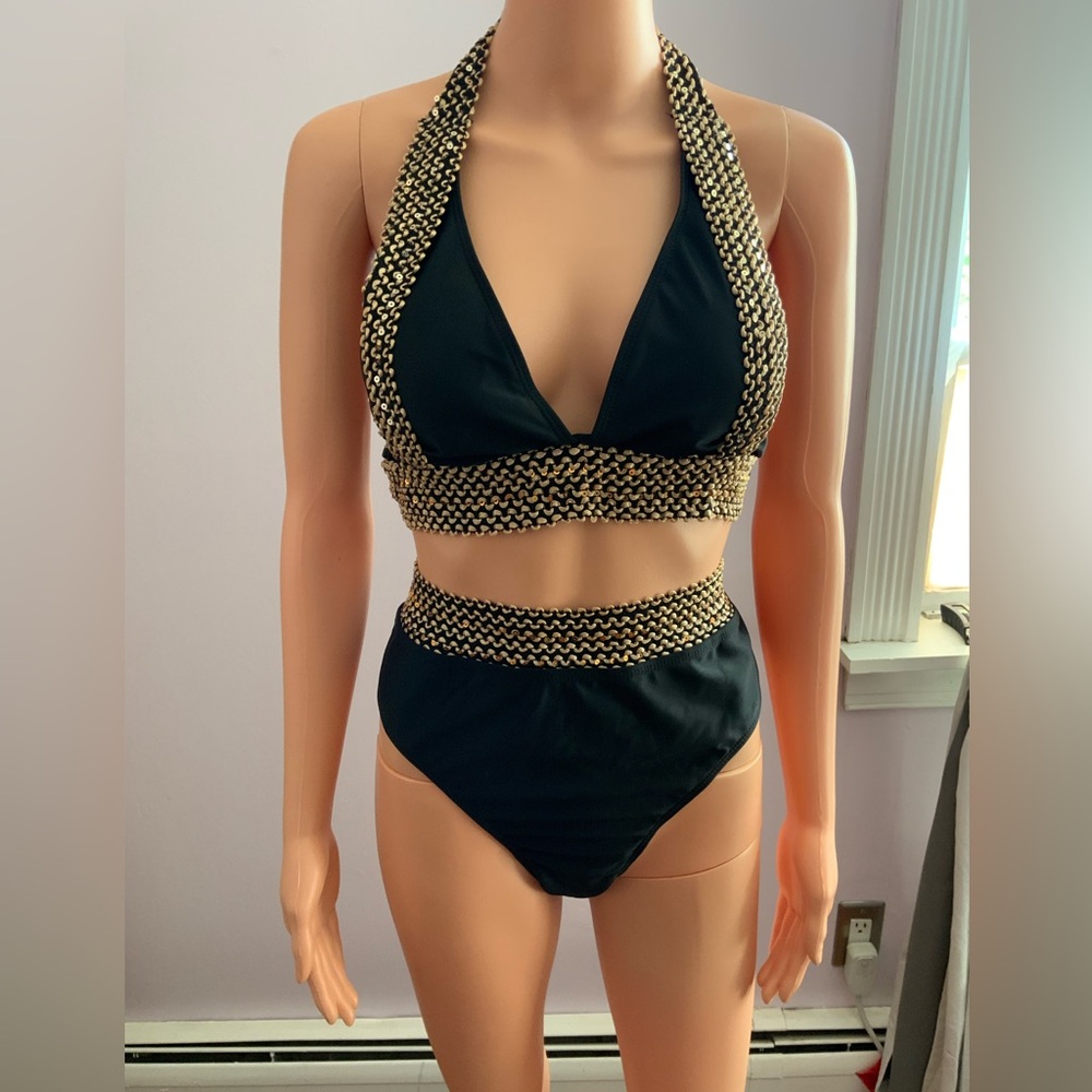 Elegant Black and Gold Bikini with Halter Top